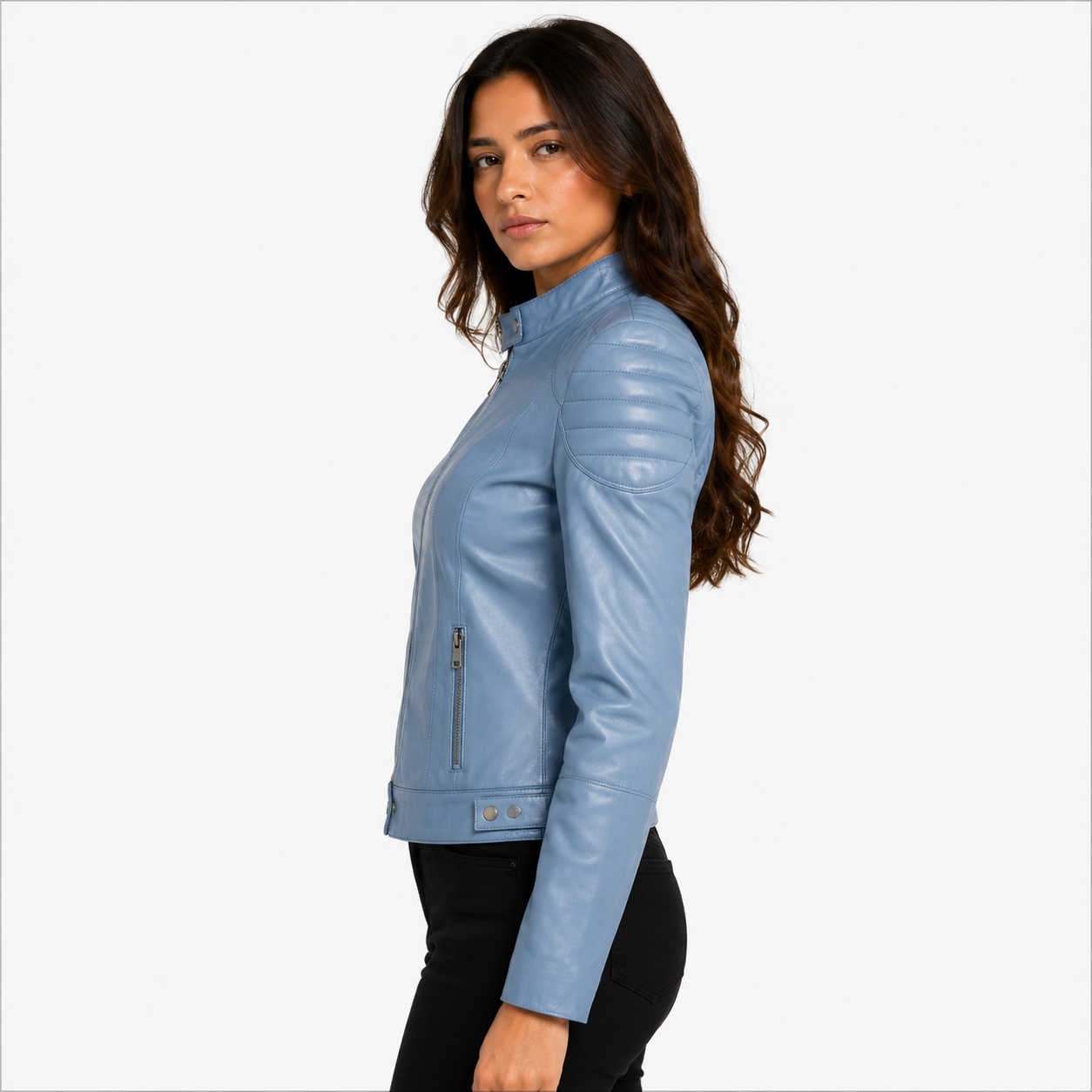 Women's Pastel Steel Blue Cafe Racer Leather Biker Jacket