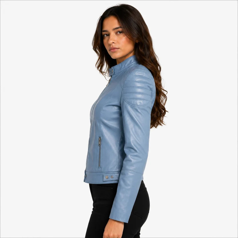 women's light blue leather cafe racer