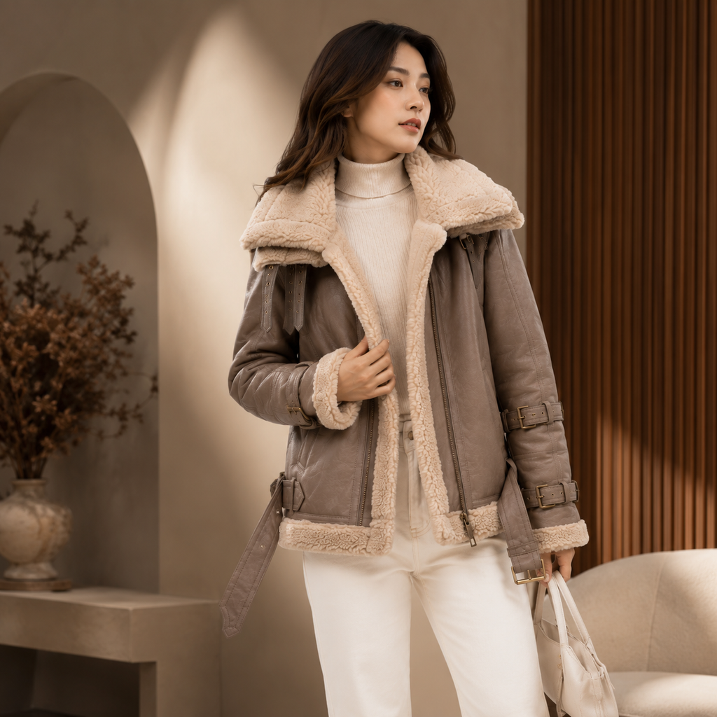 Velocite Oversized Leather Shearling Jacket