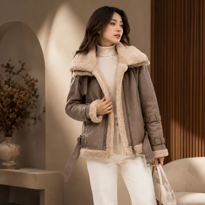 Women's Taupe Brown Shearling Aviator Jacket