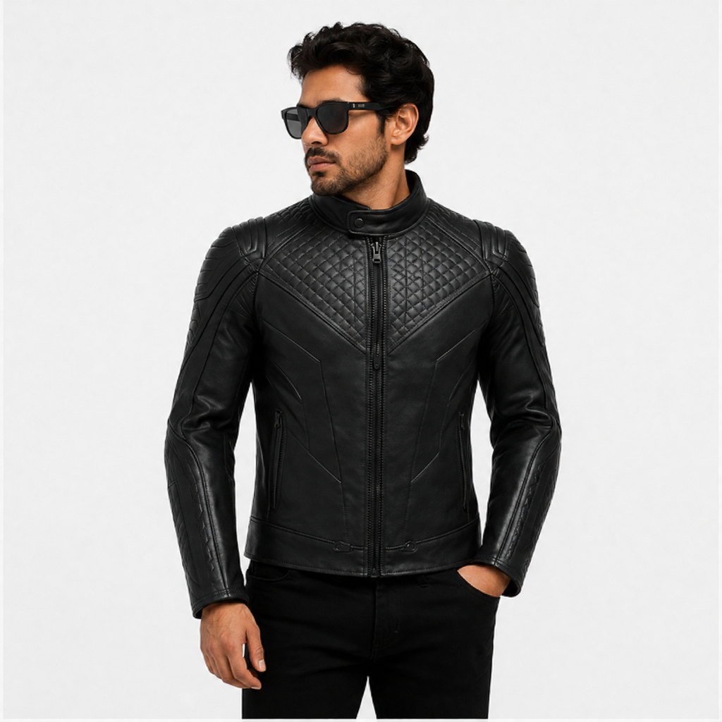 Men's Stealth All-Black Diamond Quilted Leather Biker Jacket