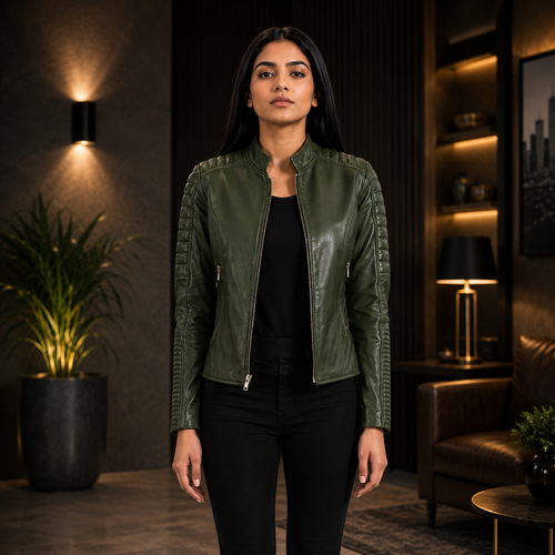 Women's Forest Green Leather Jacket