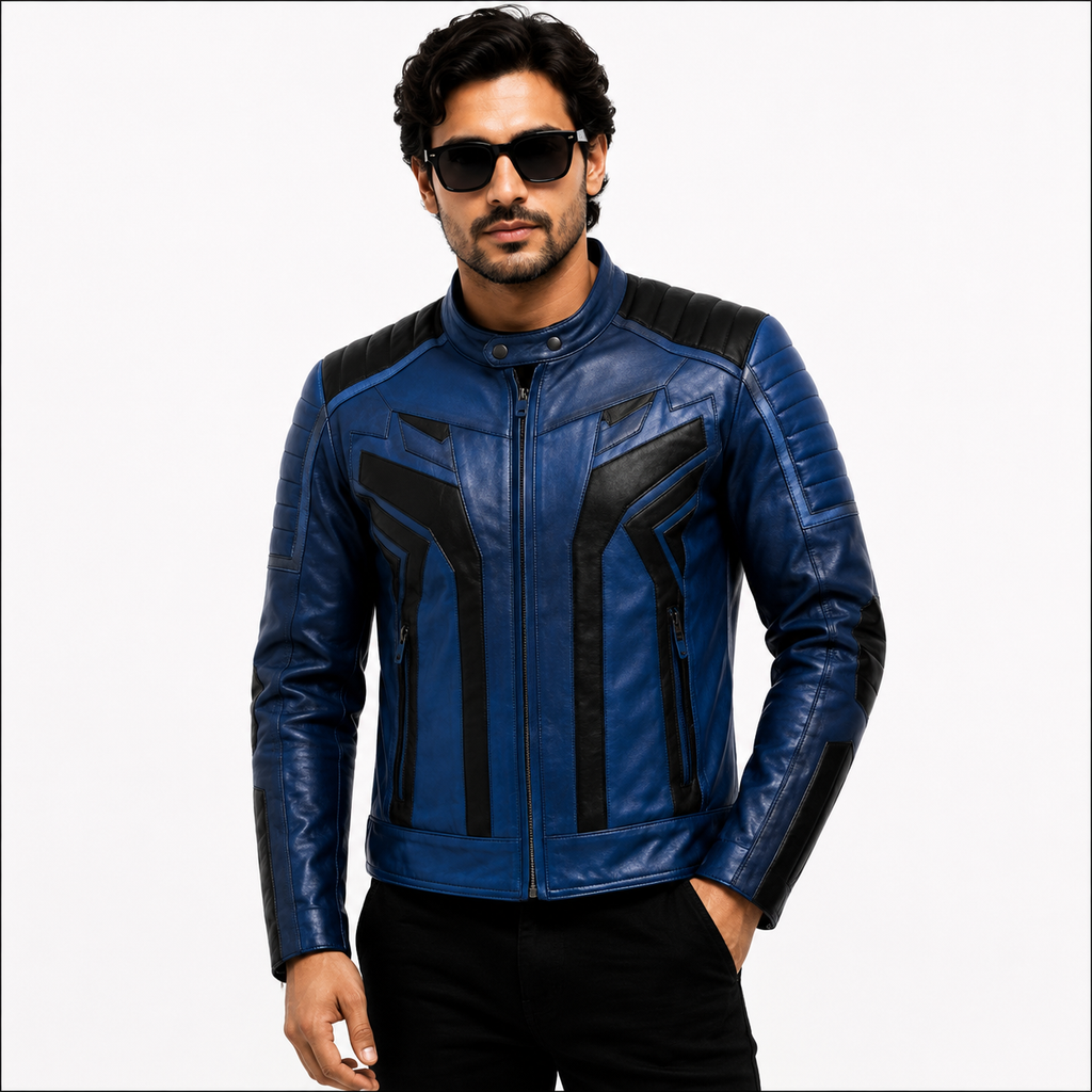 Men's Blue & Black Cafe Racer Leather Biker Jacket