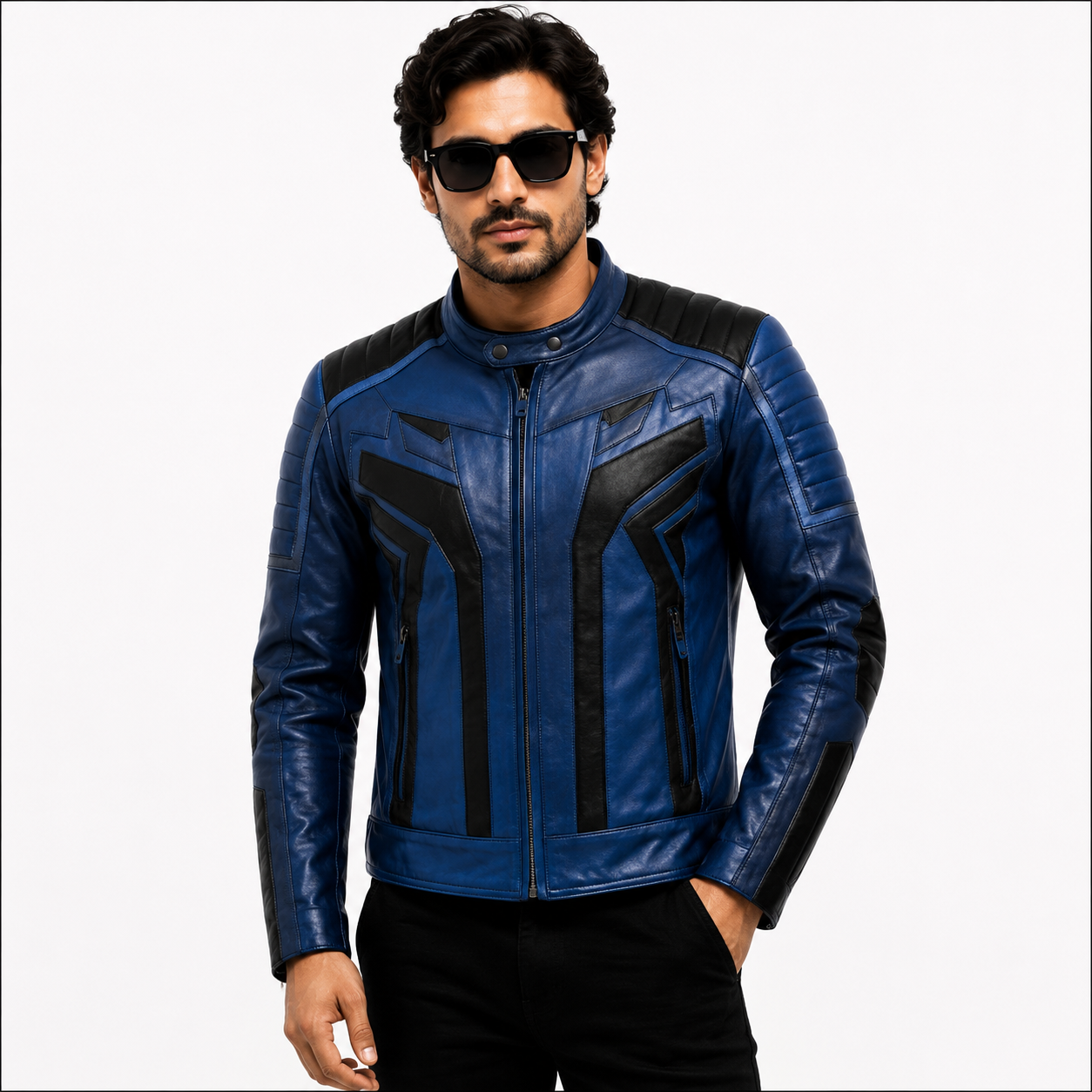 Men's Blue & Black Cafe Racer Leather Biker Jacket