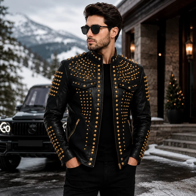 Men's White Studded Biker Leather Jacket