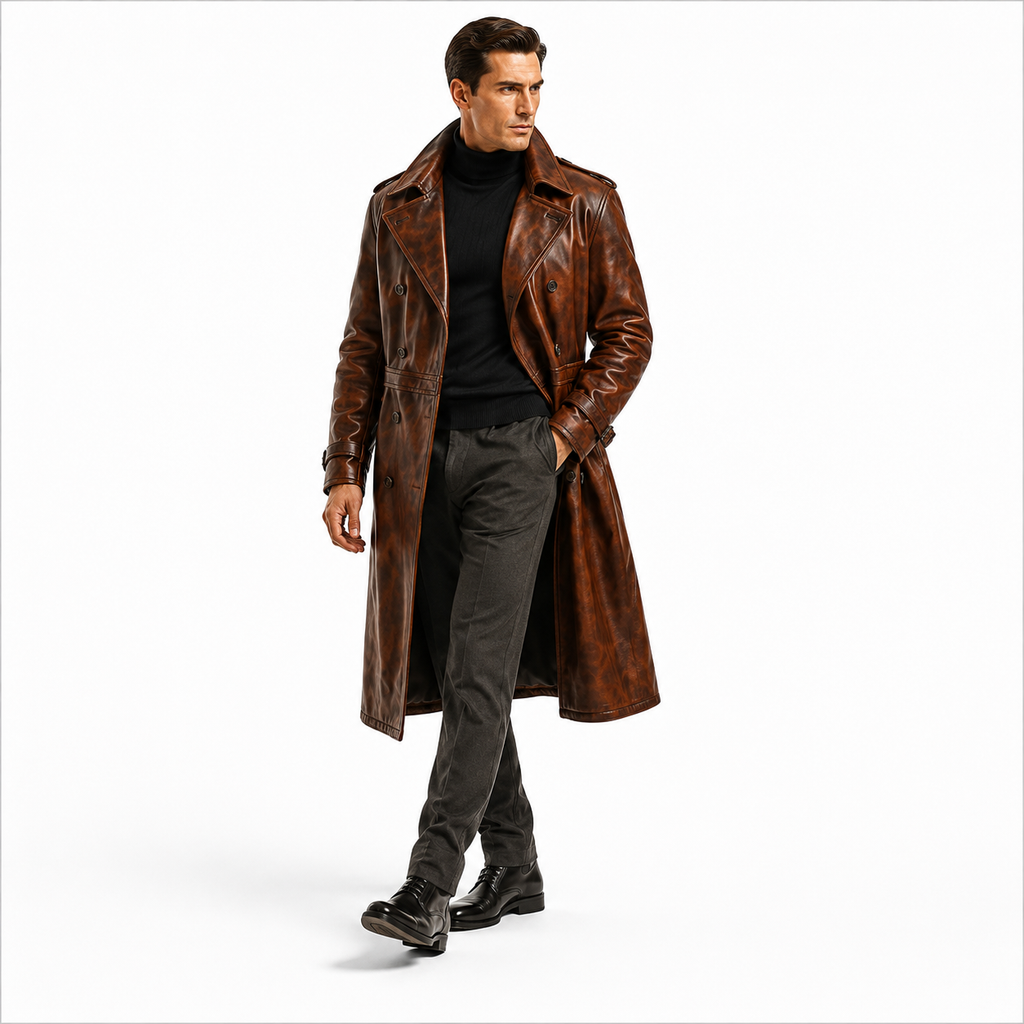 Men's Antique Brown Double Breasted Leather Trench Coat Full Length