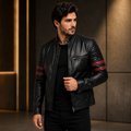 Men's Black Red Striped Leather Jacket Racing Outfit
