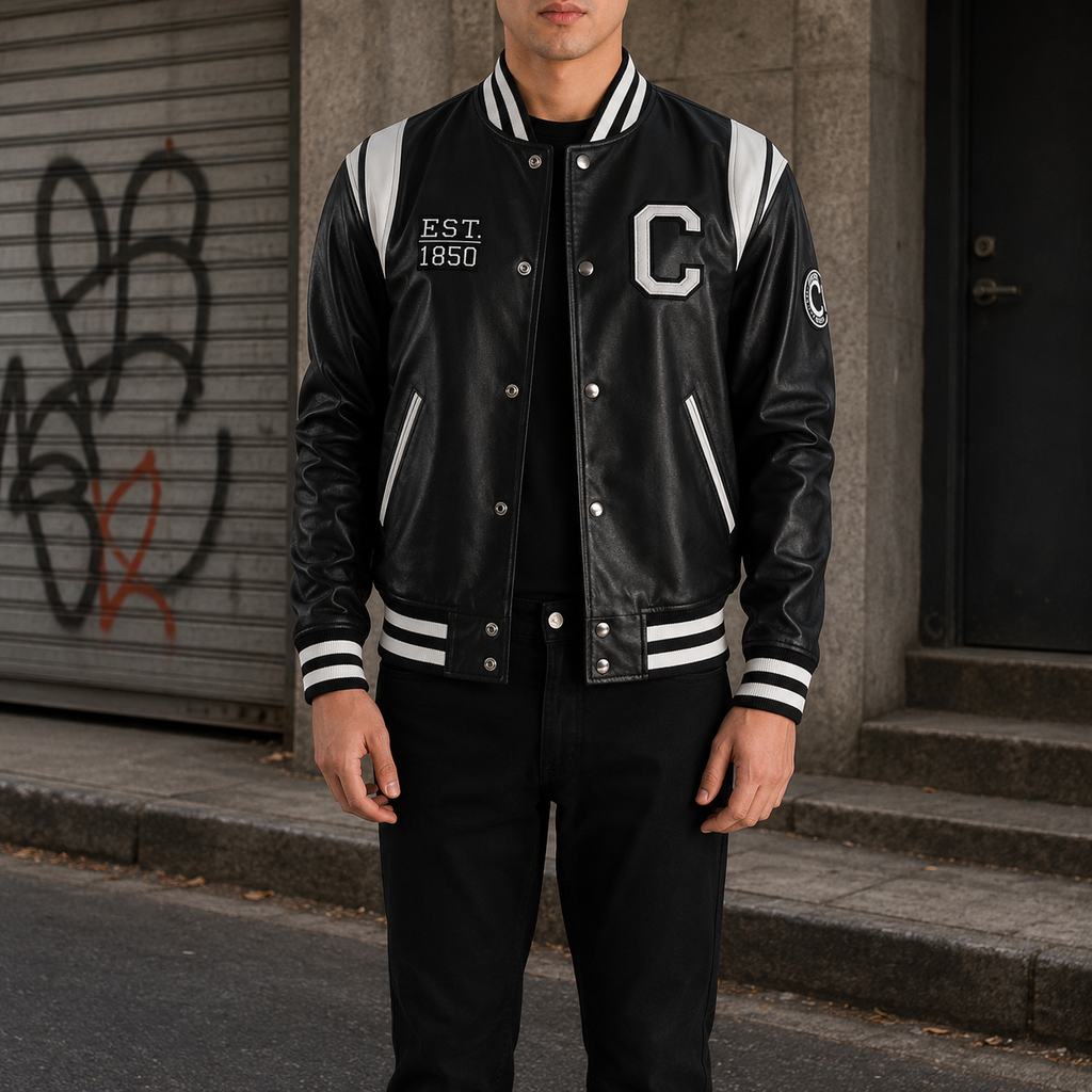 Liberte California Black Leather Varsity Jacket