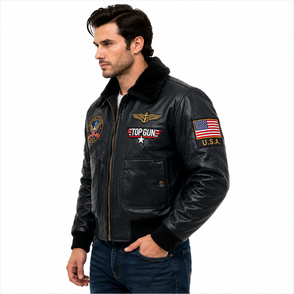 Men's Navy Blue Top Gun G-1 Flight Leather Bomber Jacket