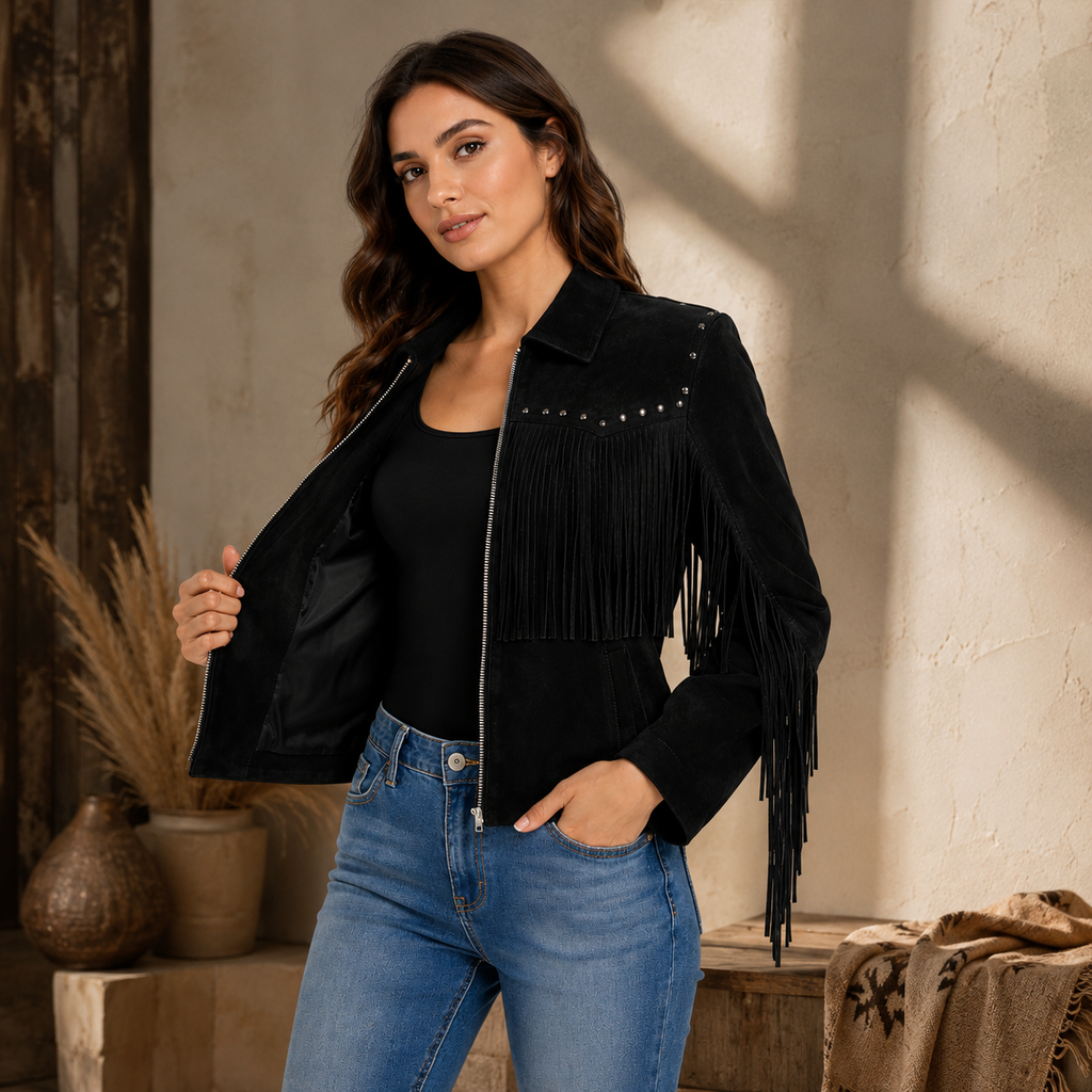 Women's Black Fringe Suede Leather Jacket with Studded Western Style