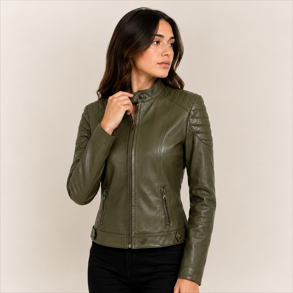 Women's Olive Green Cafe Racer Leather Biker Jacket