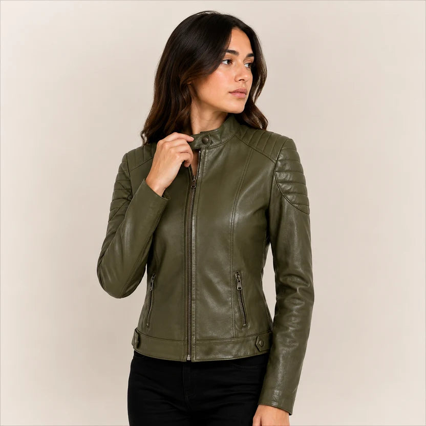 Women's Olive Green Genuine Leather Cafe Racer Jacket