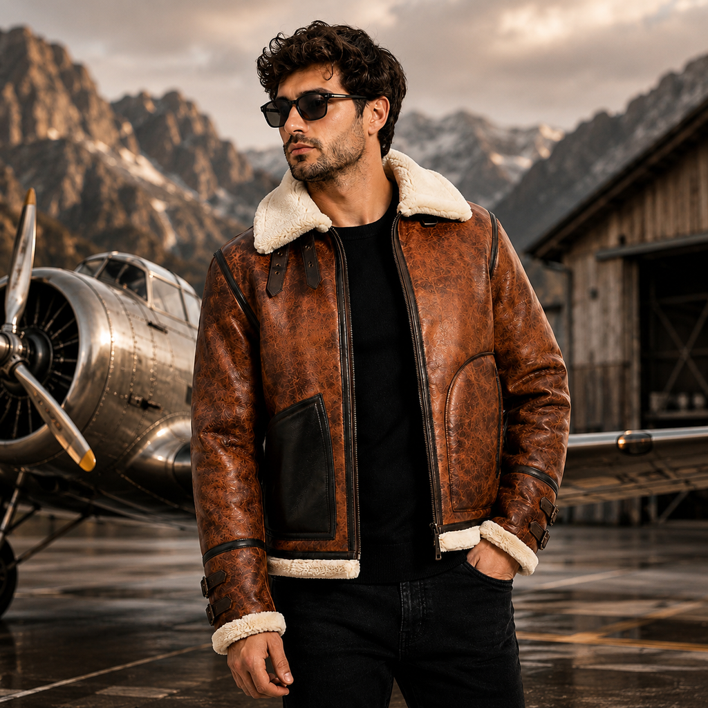 Men's Brown Faux Shearling Aviator Flight Jacket