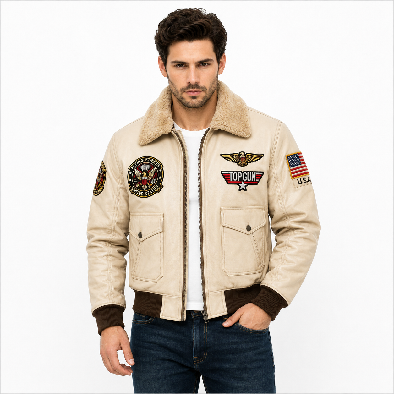 Men's Beige Top Gun G-1 Flight Leather Jacket