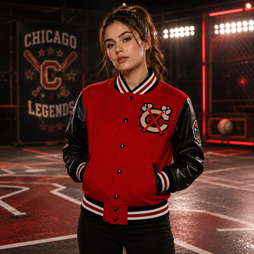 Red and Black Chicago Blackhawks NHL Varsity Jacket with Large Back Logo