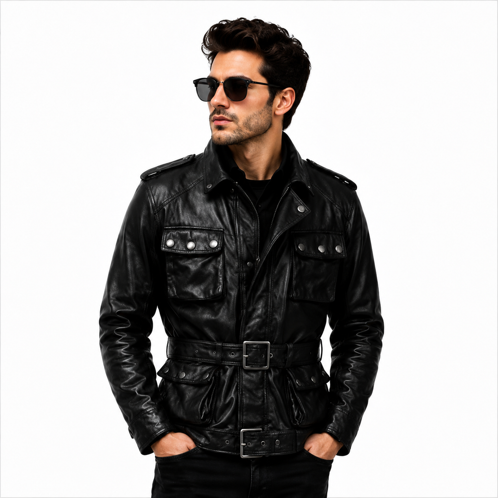Men's Black Military Safari Leather Field Jacket.