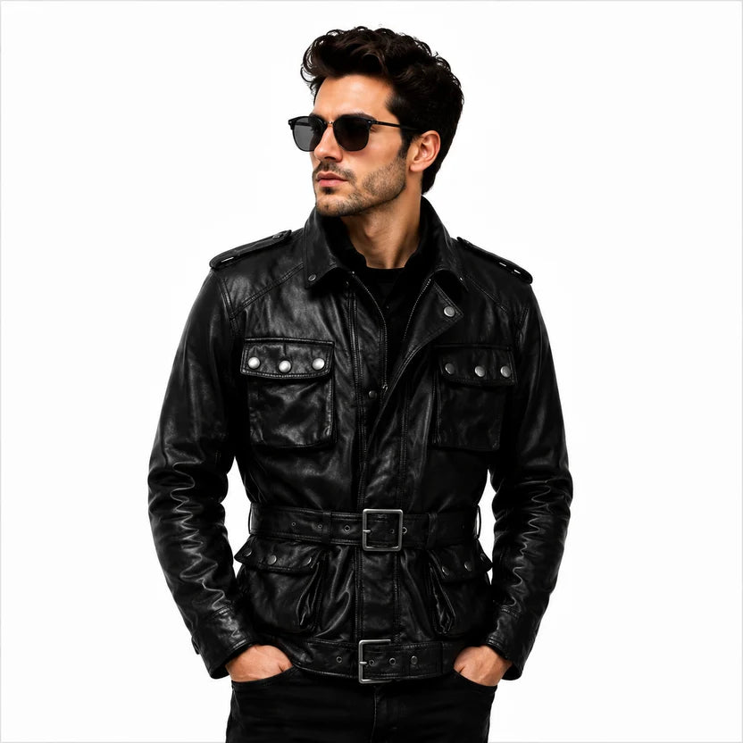 black leather field biker jacket
