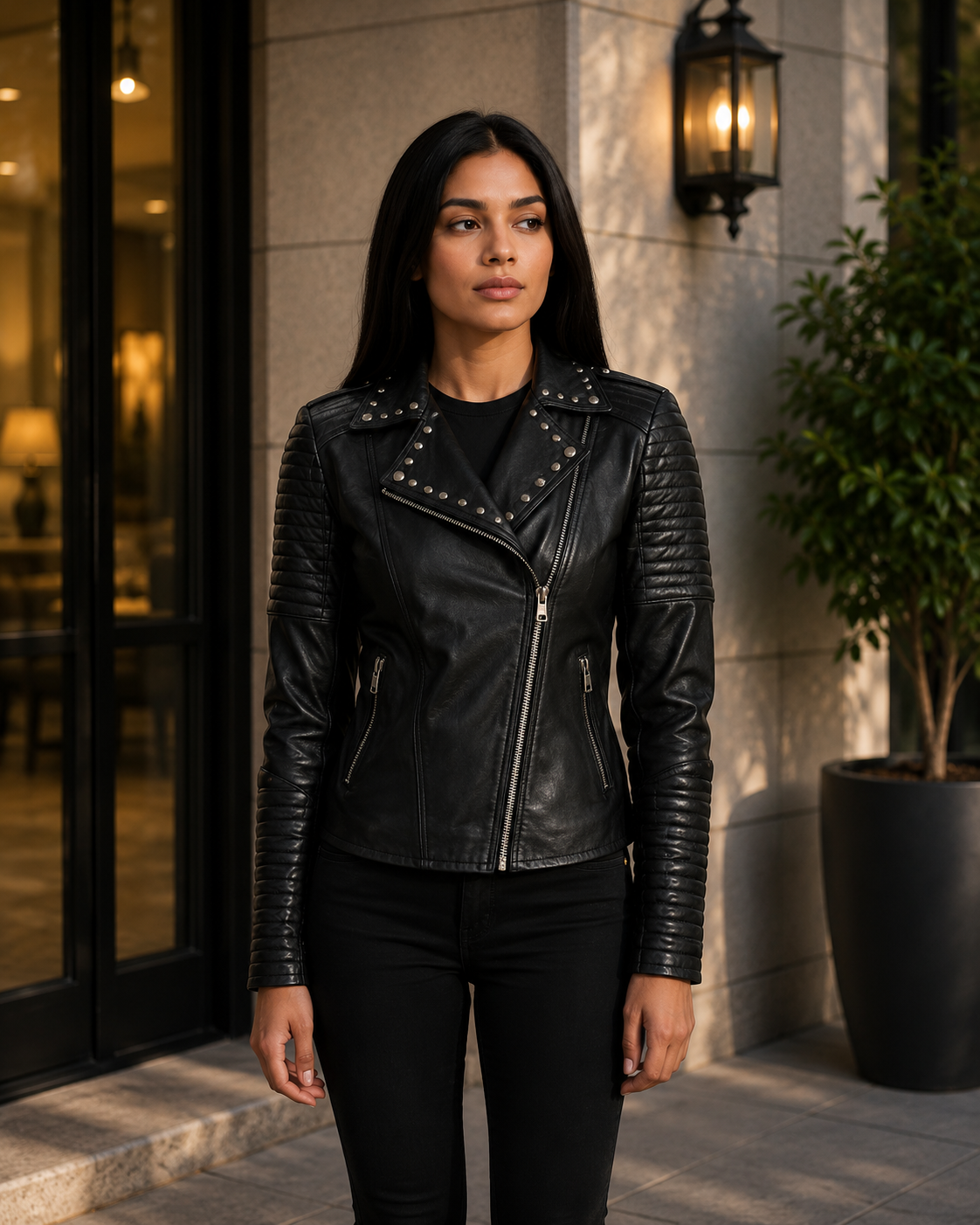 Women's Black Studded Leather Biker Jacket