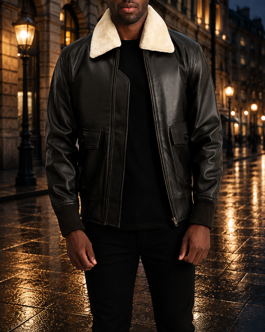 Men's Dark Brown Leather Bomber Jacket with Shearling Collar Outfit