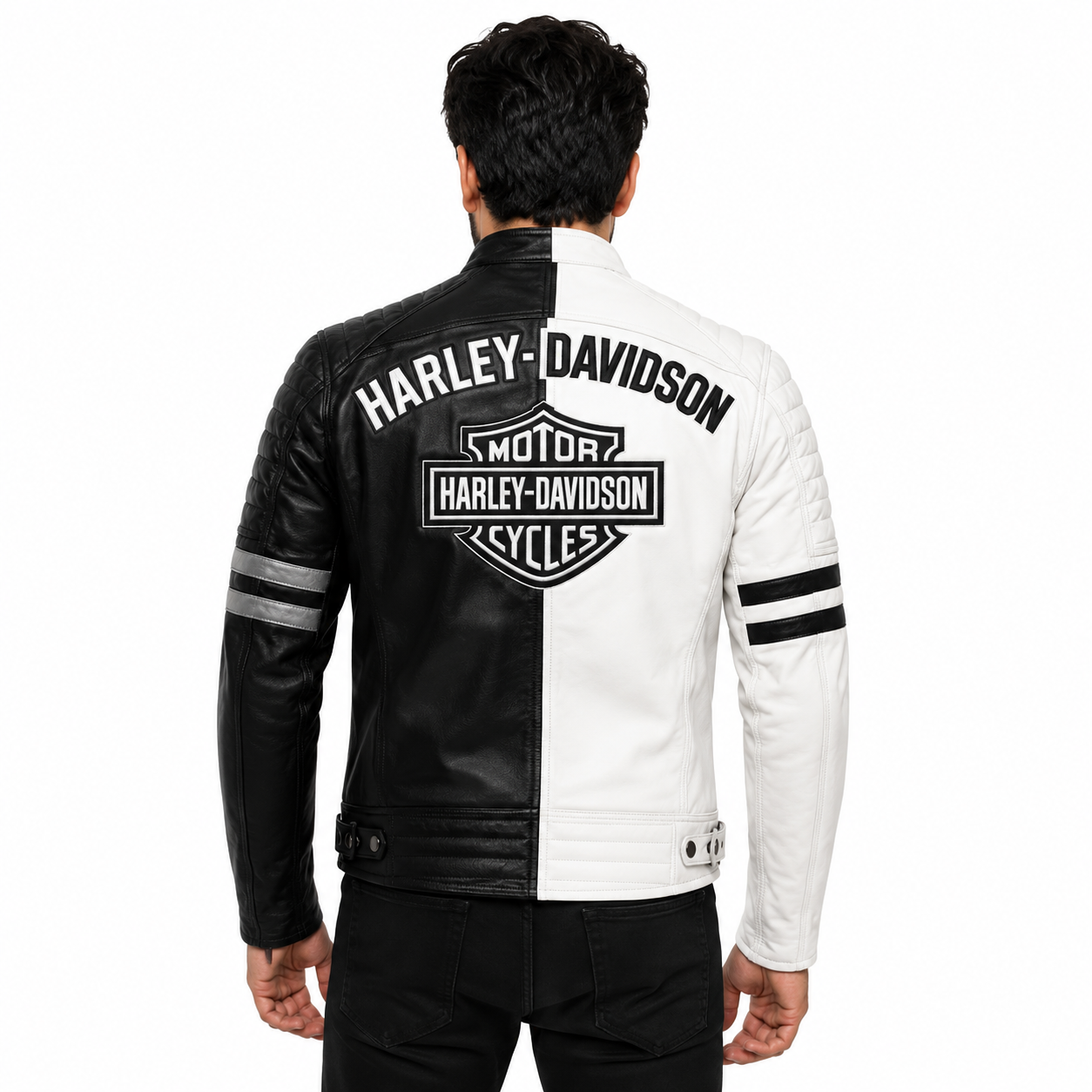 Men's Black White Split Color Block Genuine Leather Cafe Racer Jacket 