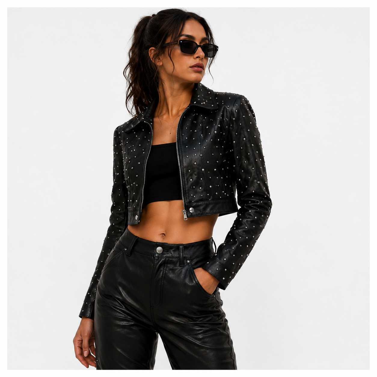 Women's Cropped Studded Leather Biker Jacket.