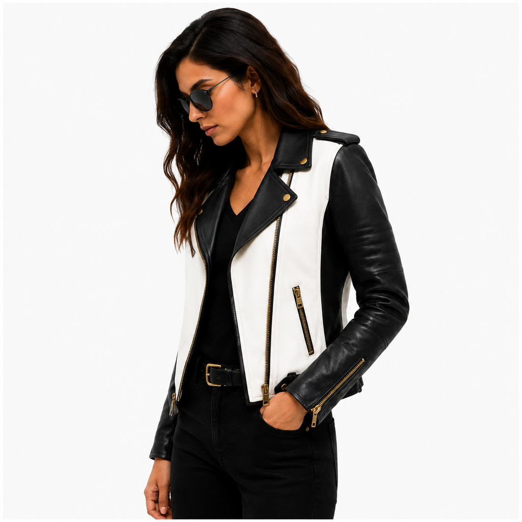Women's Black & White Biker Leather Jacket
