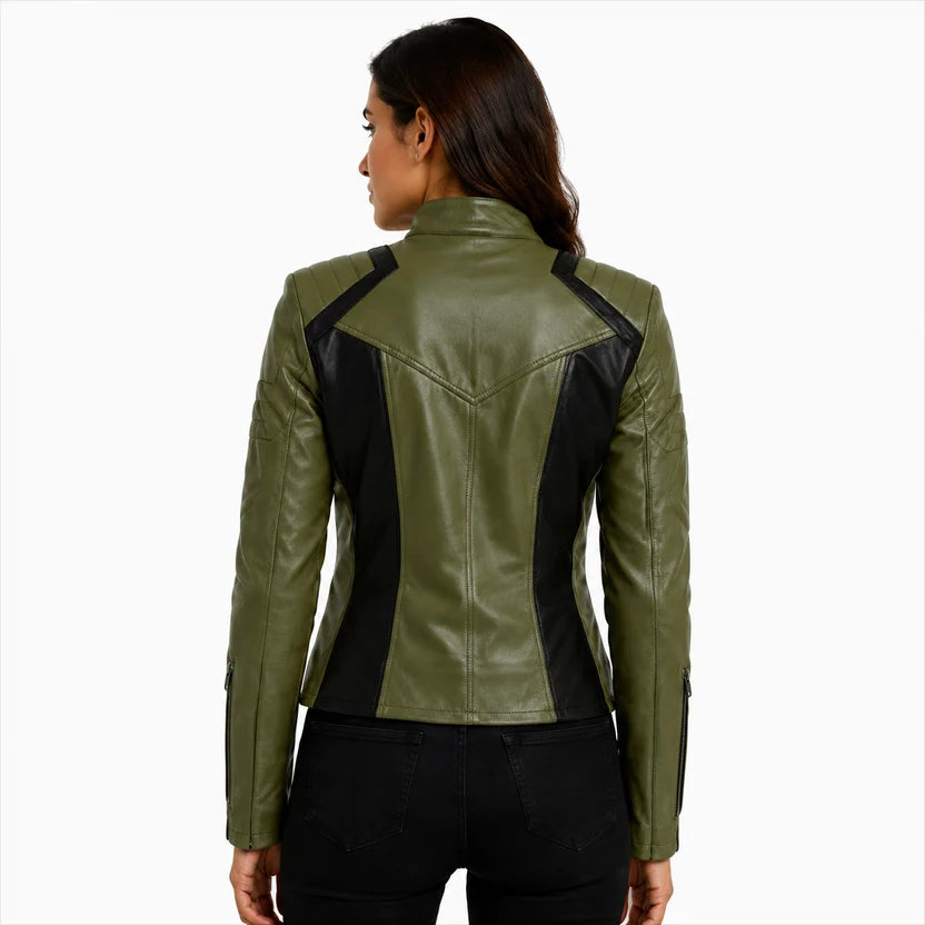 women's olive green leather biker jacket
