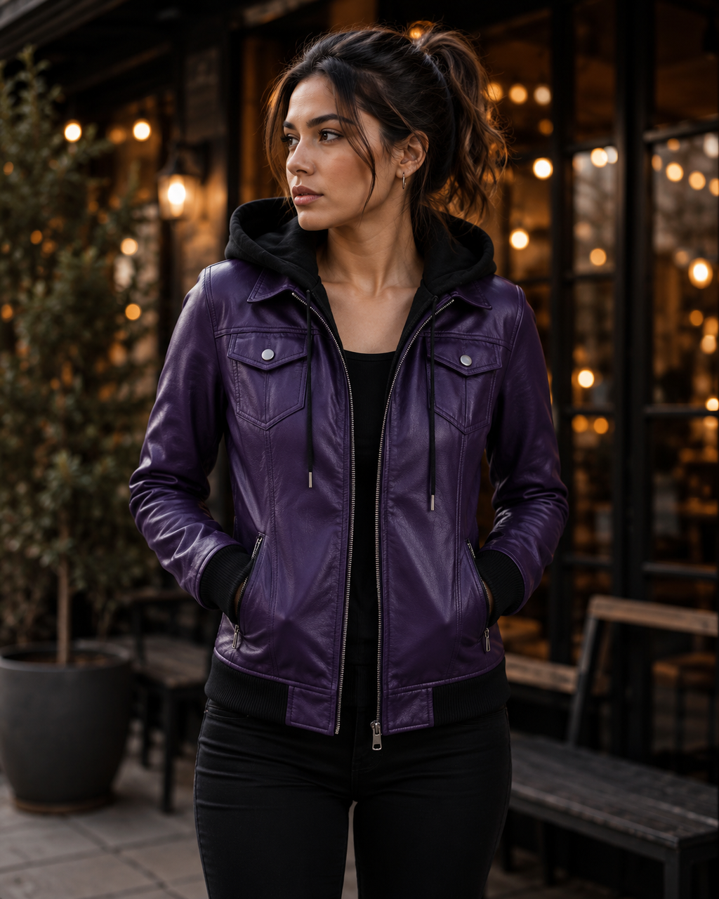 purple leather jacket women