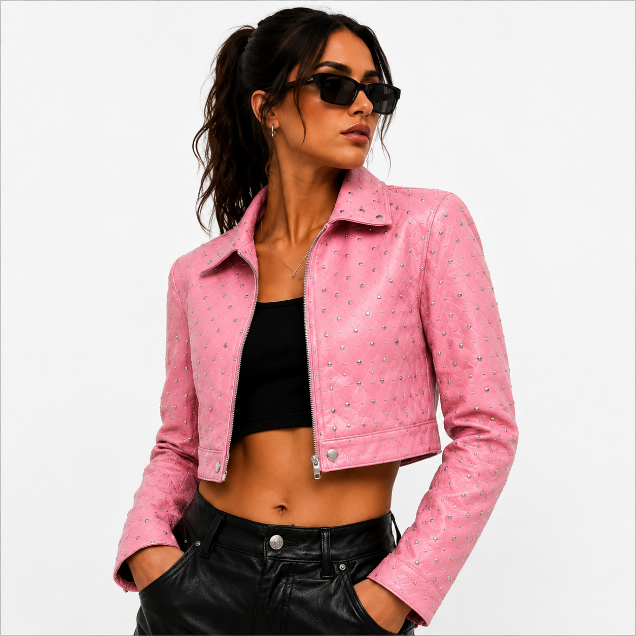 Pink Leather Cropped Jacket