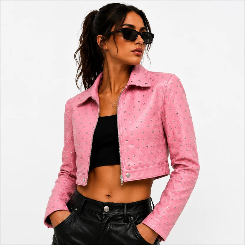 women's pink glitter crop leather jacket
