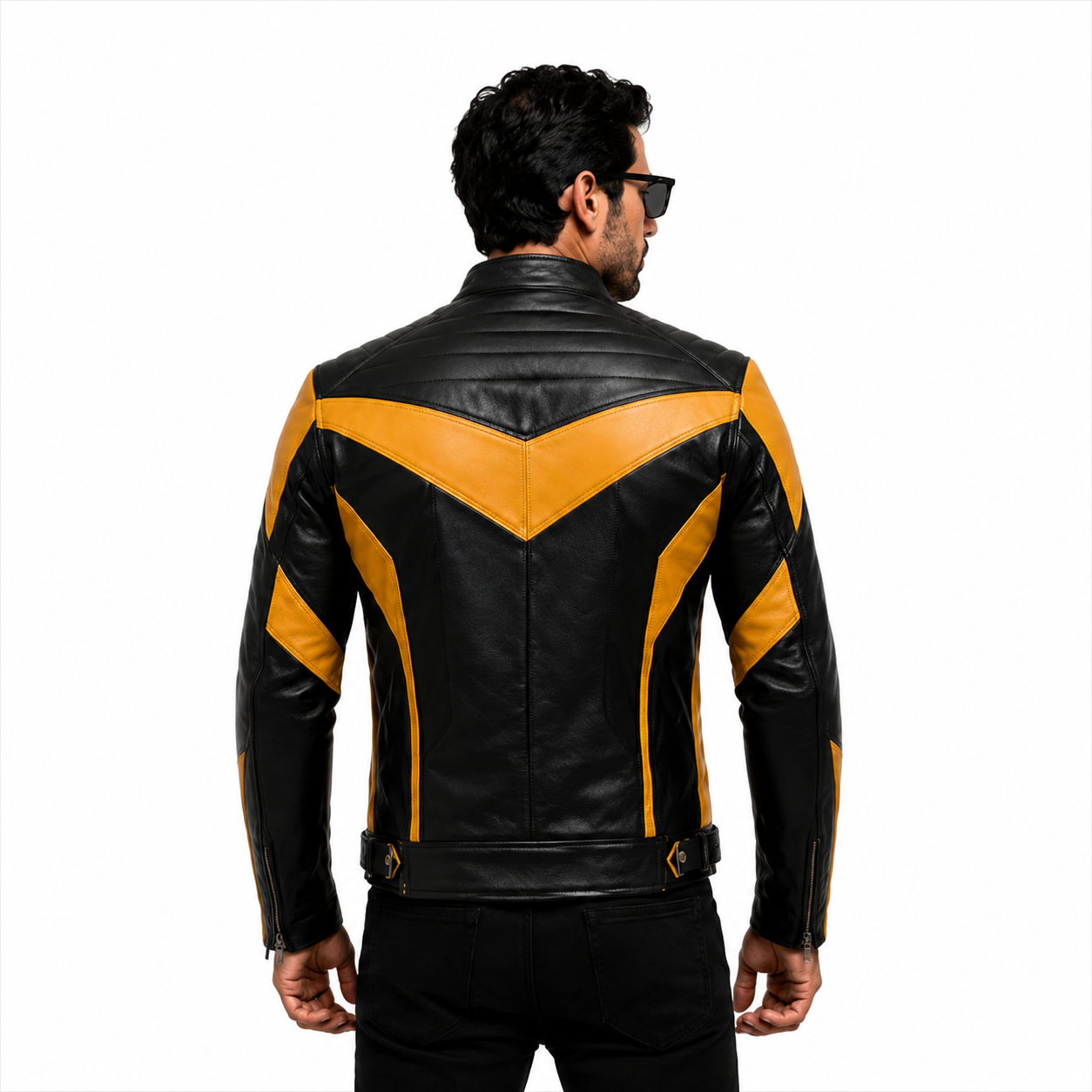 Men's Black & Mustard Yellow Racer Leather Jacket