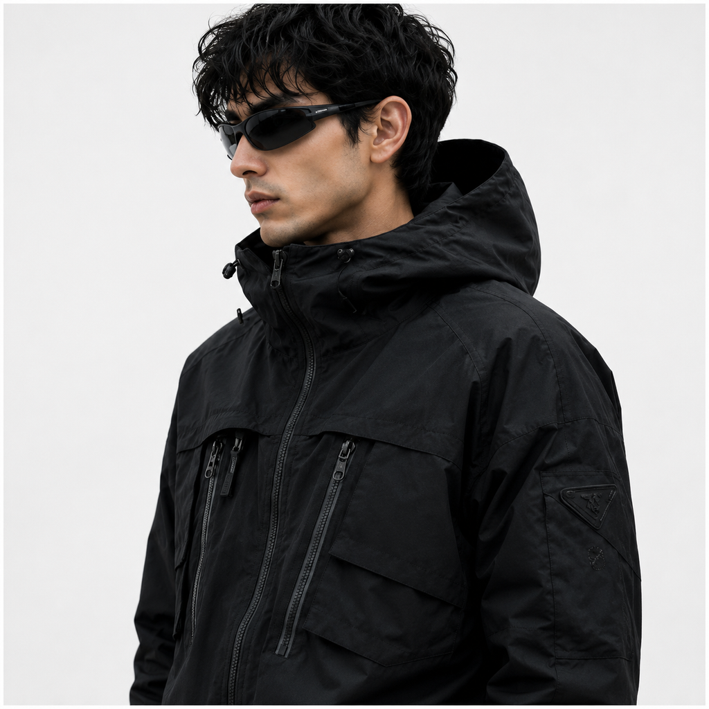 Men's Stealth Black Techwear Hooded Tactical Windbreaker