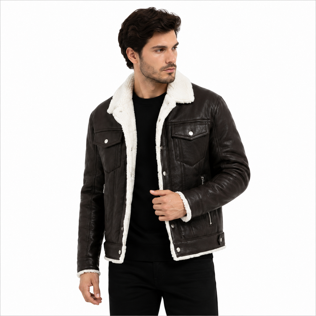 Men's black leather shearling trucker jacket