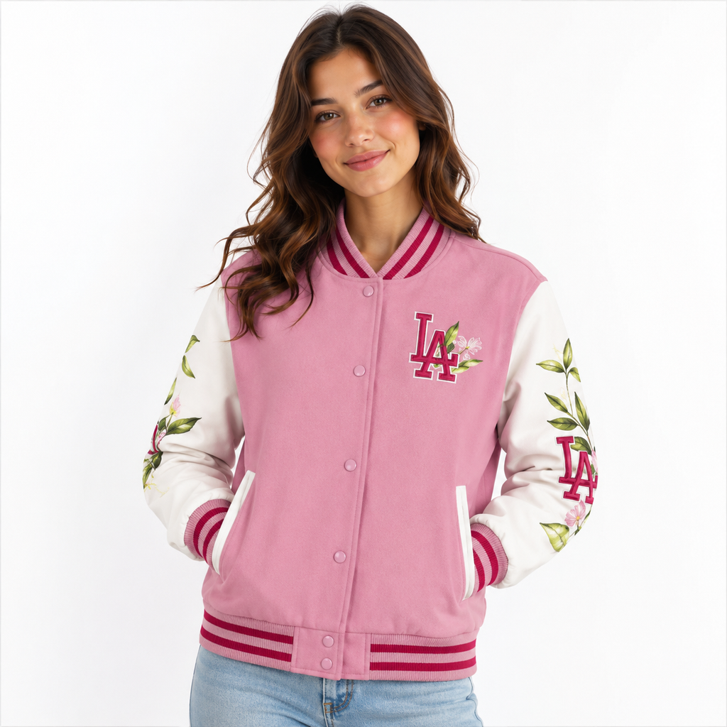 Pink Los Angeles LA Varsity Jacket for Women with Floral Sleeves