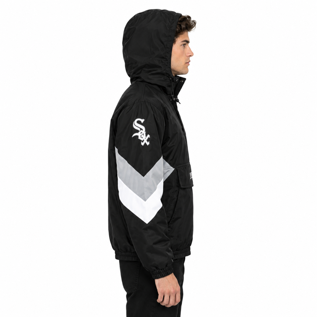 mens black white chicago white sox anorak pullover jacket with hooded collar at baseball field