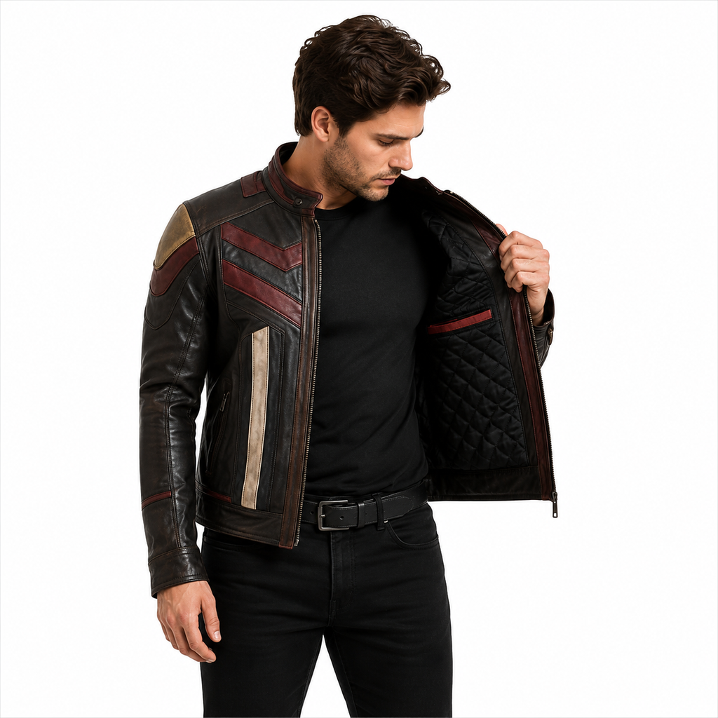 Genuine Leather Biker Jacket Panel and Zip Detail