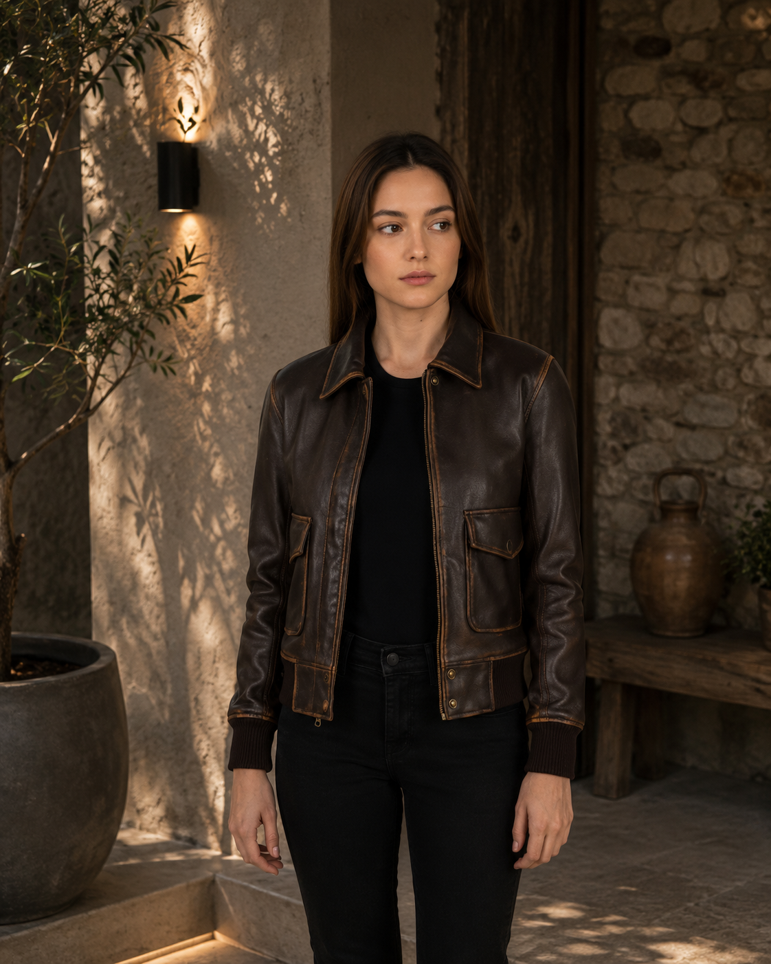 Brown Leather A-2 Bomber Jacket 