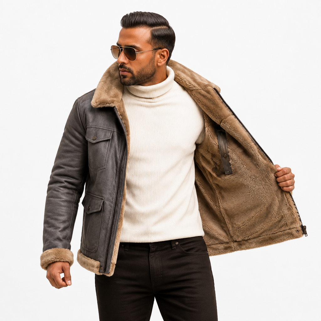 Men's Distressed Grey Suede Aviator Jacket
