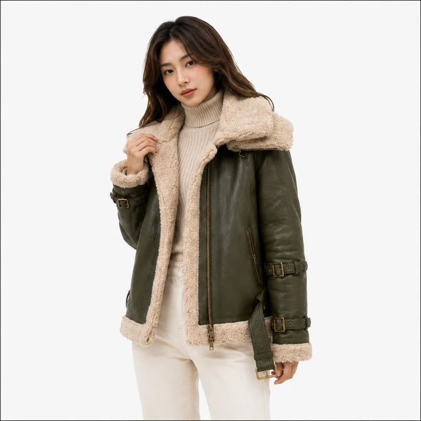 women's olive green genuine leather shearling bomber jacket