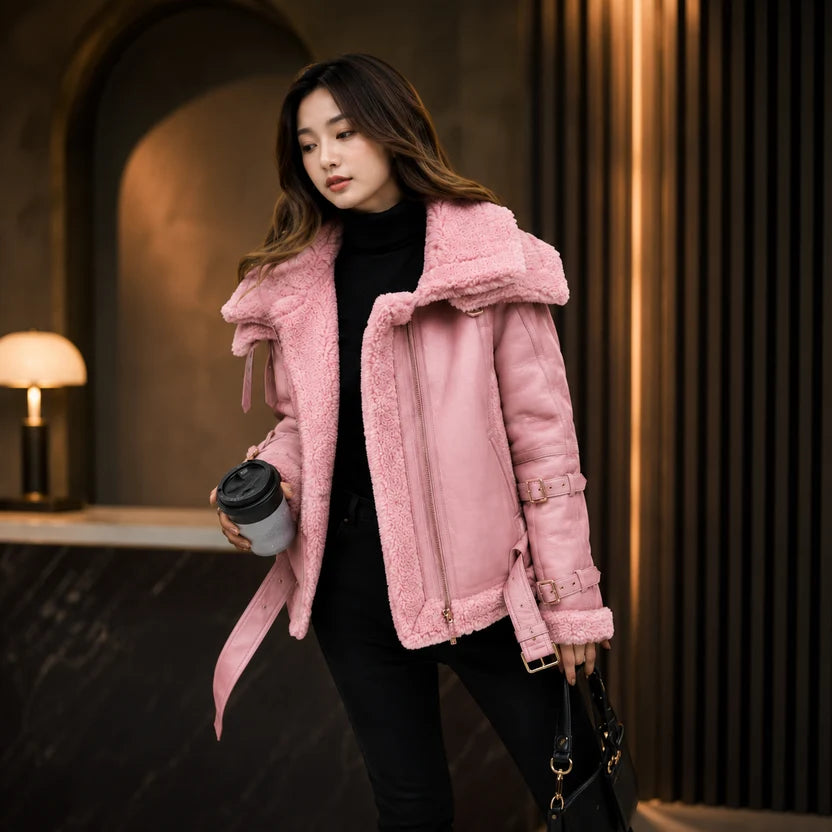 Women's Pink Shearling Aviator Jacket