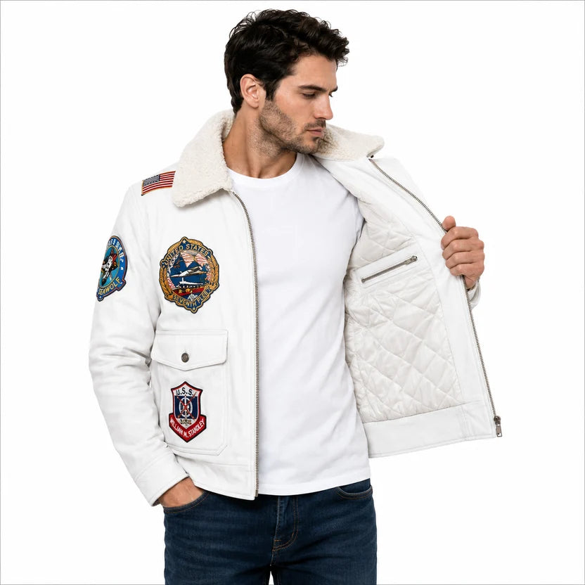 White Top Gun Bomber Jacket with Tomcat USS Patches and USA Flag