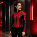 Women's Red Black Leather Moto Racer Jacket with Jeans Outfit