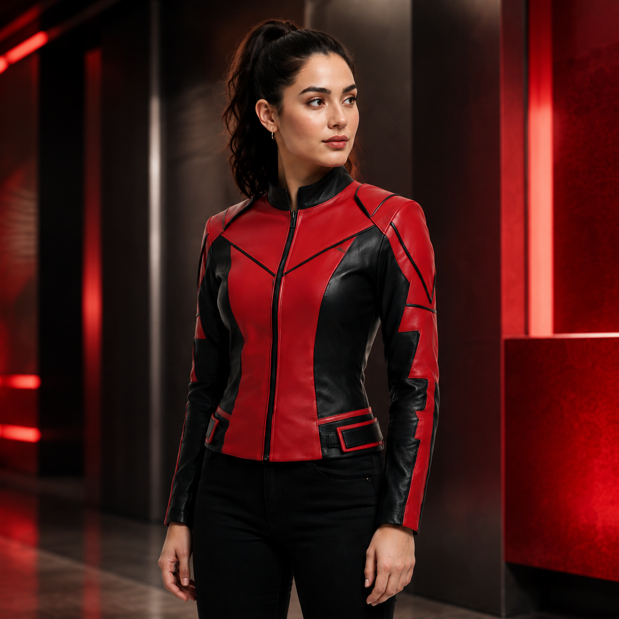 Women's Red Black Leather Moto Racer Jacket with Jeans Outfit