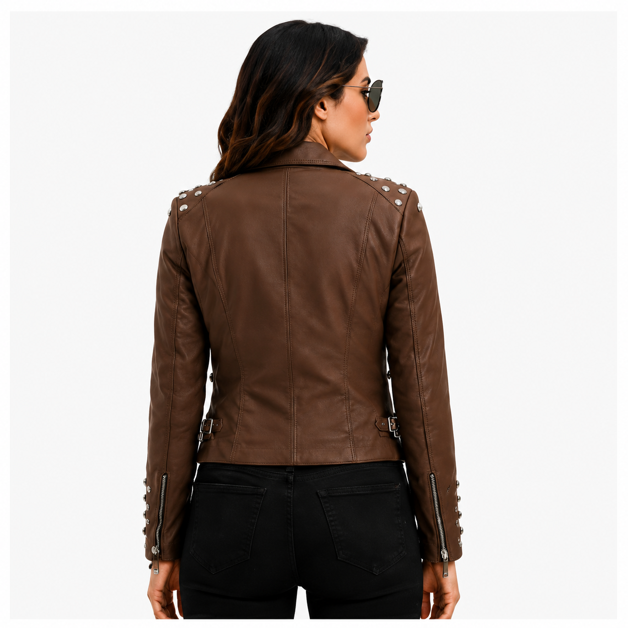 Women's Studded Brown Leather Biker Jacket