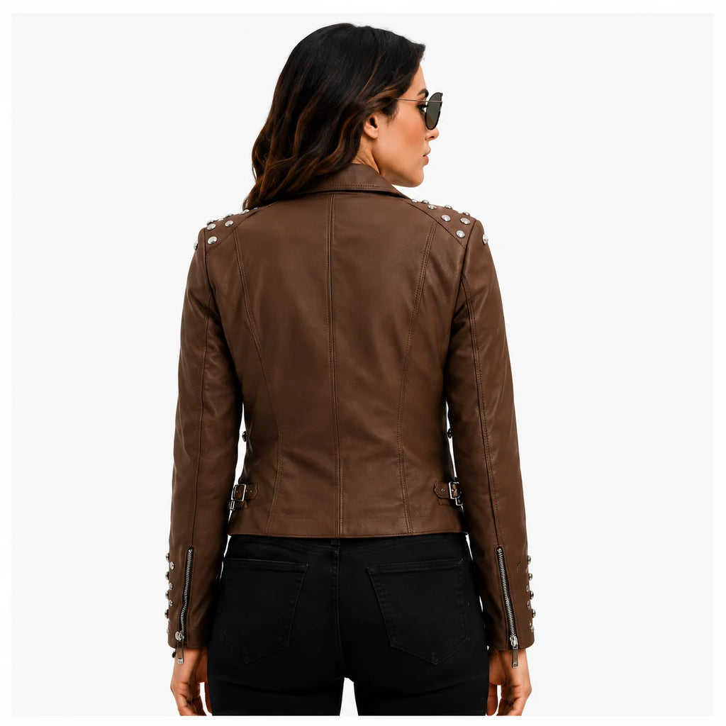 Women's Brown Studded Leather Jacket Vintage Biker