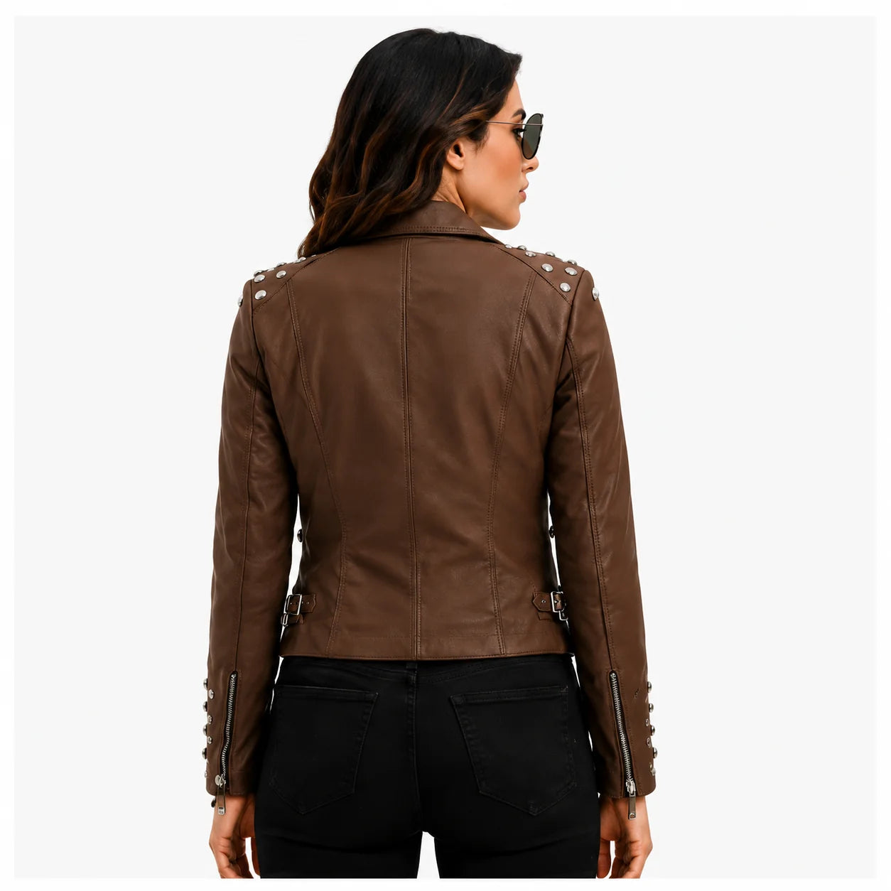 Women's Brown Studded Leather Jacket Vintage Biker