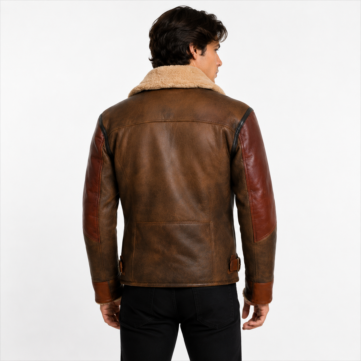 Men's distressed brown shearling aviator jacket