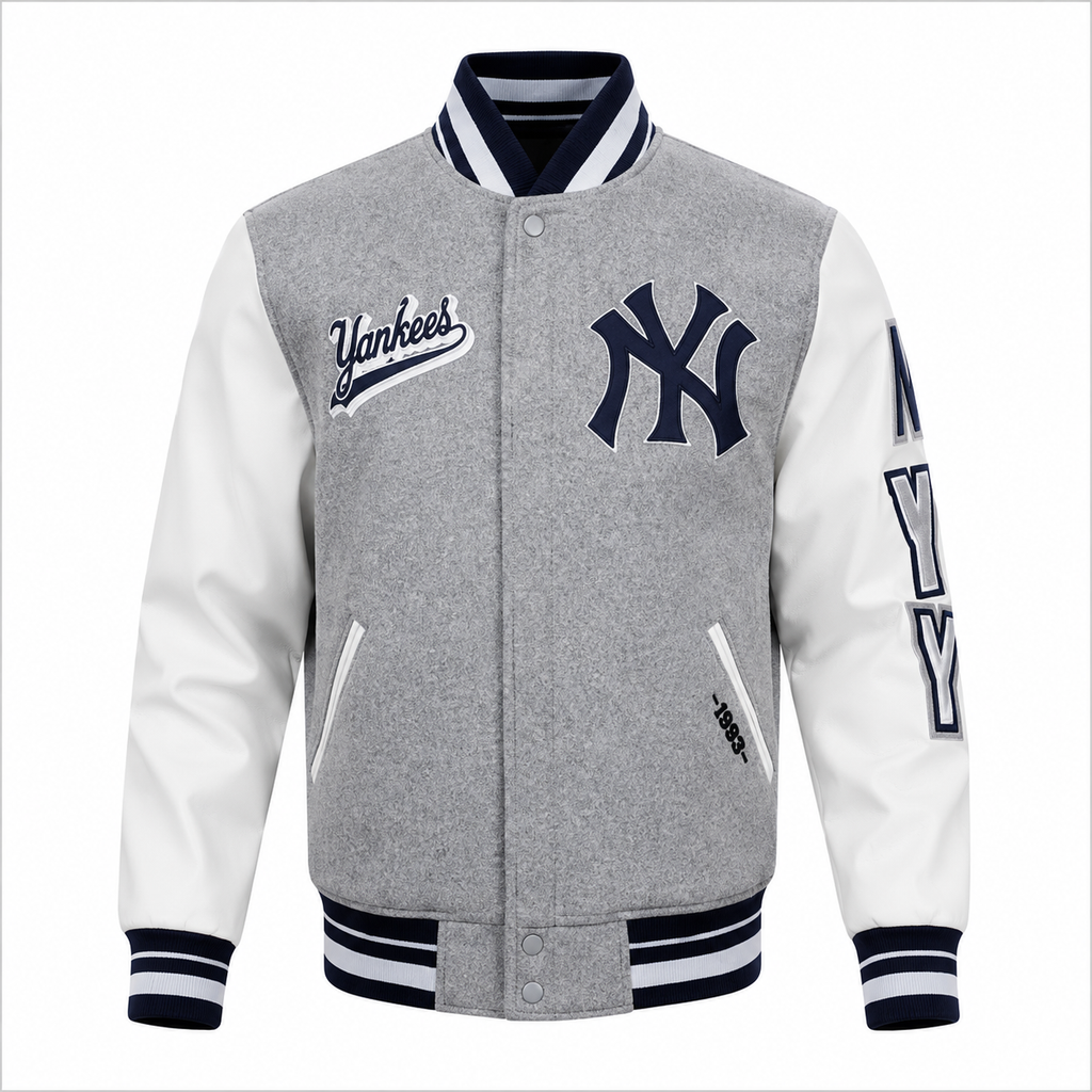 Gray and White New York Yankees MLB Varsity Jacket with NY Logo