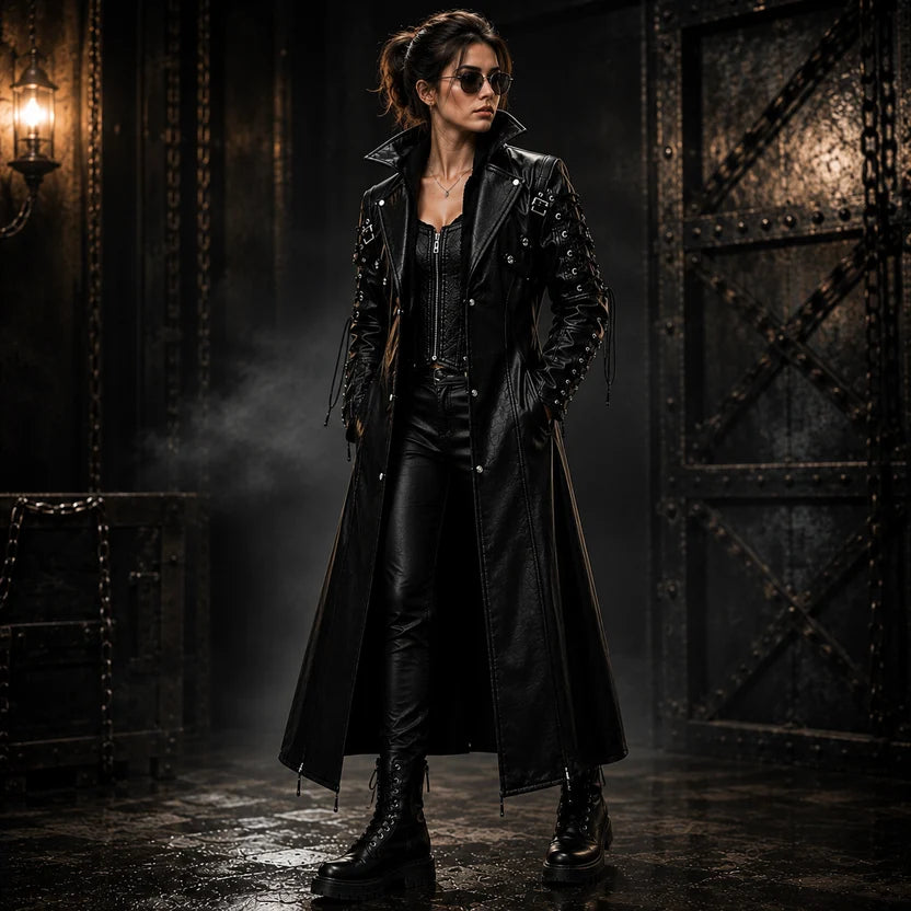 Women's All Black Gothic Leather Trench Coat with High Collar and Lace Up Sleeves