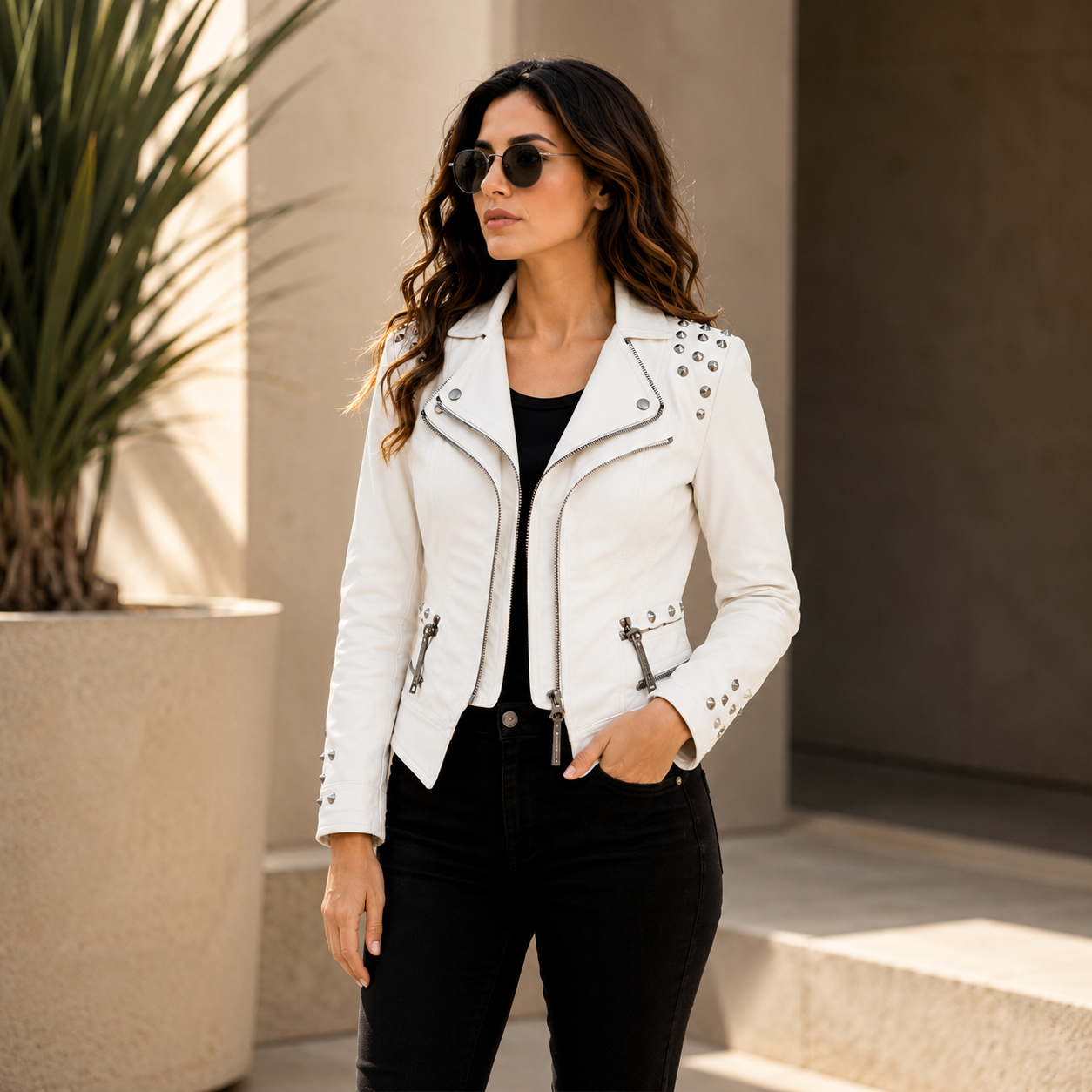 Women's Studded White Leather Biker Jacket